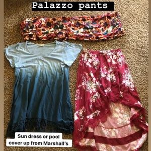 1 pair of palazzo pants. 1 dress. 1 hi-low skirt.